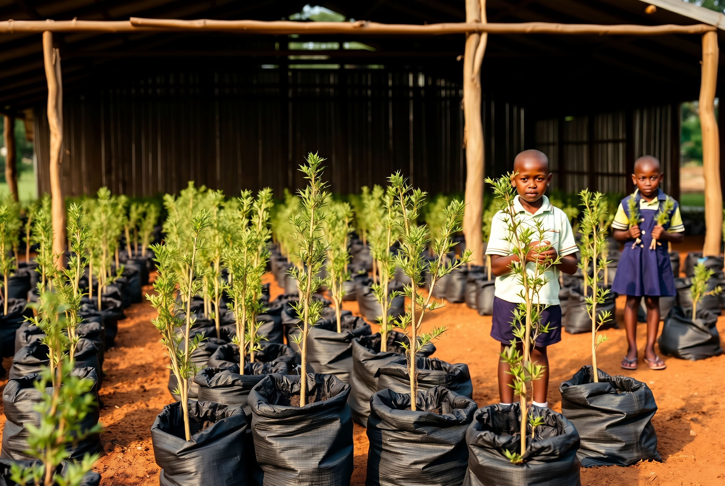 School children with tree seedlings in a nursery bed